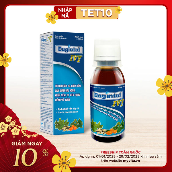 Eugintol IVY (chai 100ml): Siro thảo dược giảm ho, giảm đờm, hỗ trợ giảm đau họng, khản tiếng